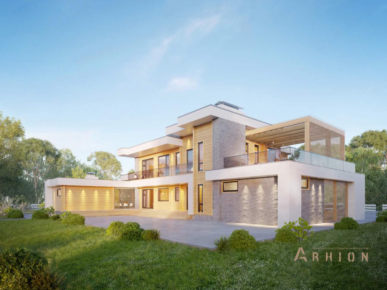 2. Проект двухэтажного дома в стиле хай-тек с плоской кровлей , rh-616, площадью - 616 кв c сауной, терассой, балконом, гаражом, вторым светом